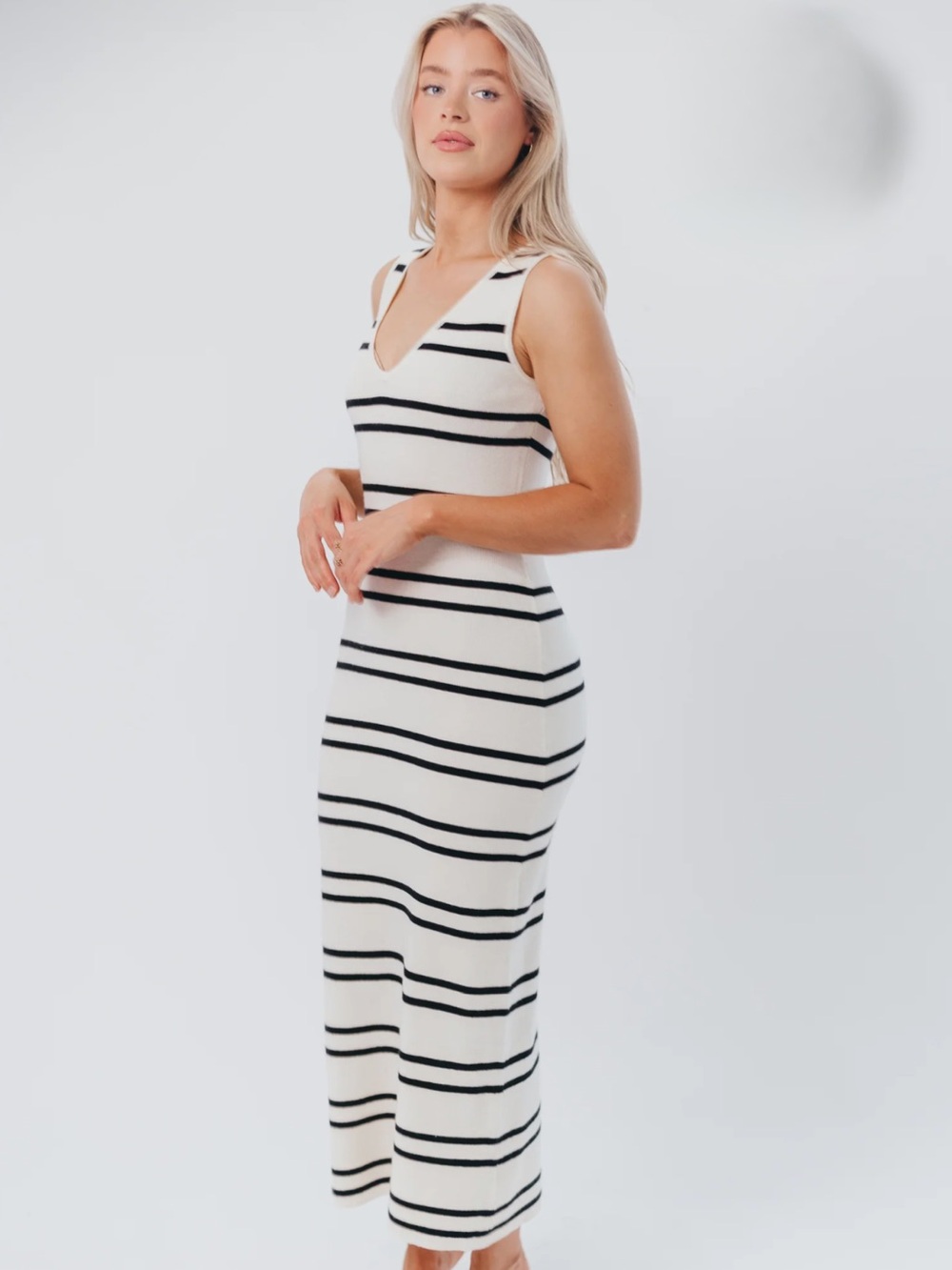 Worth Co. Sleeveless Cream and Black Striped Knit Sweater Dress